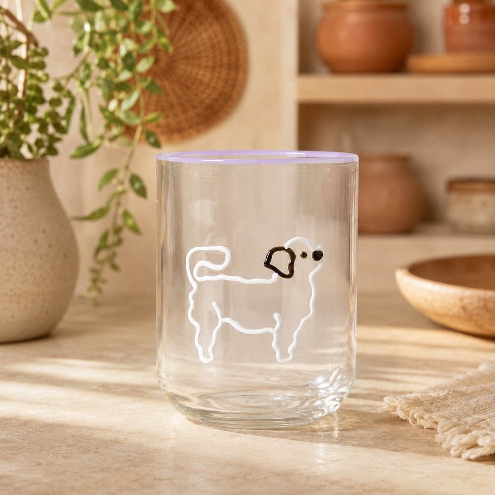 Anthropologie Love Notes Dog Icon Borosilicate Glass White Puppy Lavender Rim